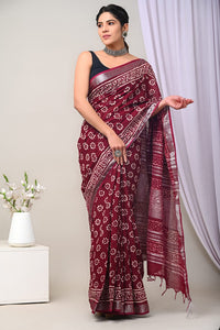 Hand Block Printed Linen Saree With Unstitched Blouse