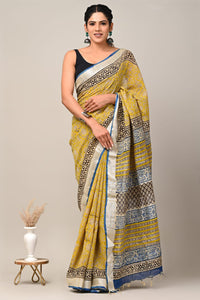 Hand Block Printed Linen Saree With Unstitched Blouse