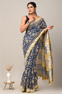 Hand Block Printed Linen Saree With Unstitched Blouse