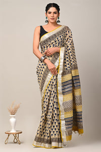 Hand Block Printed Linen Saree With Unstitched Blouse