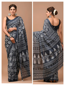 Printed Pure Cotton Mulmul Saree With Blouse