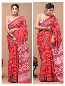 Printed Pure Cotton Mulmul Saree With Blouse