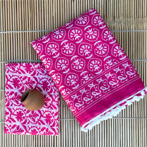 Printed Pure Cotton Mulmul Saree With PomPom Lace