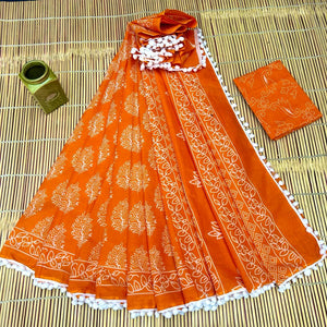 Printed Pure Cotton Mulmul Saree With PomPom Lace