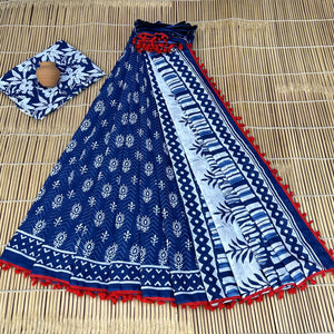 Printed Pure Cotton Mulmul Saree With PomPom Lace