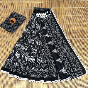 Printed Pure Cotton Mulmul Saree With PomPom Lace