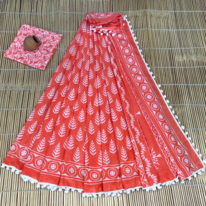 Printed Pure Cotton Mulmul Saree With PomPom Lace