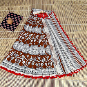 Printed Pure Cotton Mulmul Saree With PomPom Lace