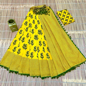 Printed Pure Cotton Mulmul Saree With PomPom Lace