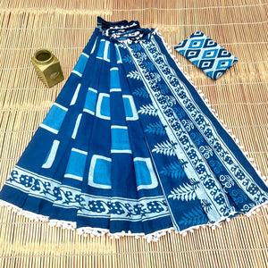 Printed Pure Cotton Mulmul Saree With PomPom Lace