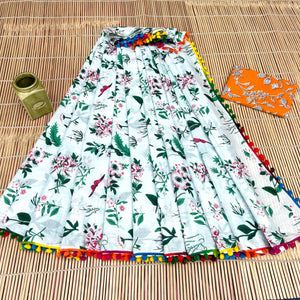 Printed Pure Cotton Mulmul Saree With PomPom Lace