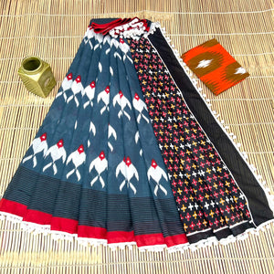 Printed Pure Cotton Mulmul Saree With PomPom Lace