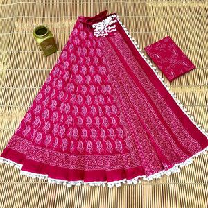 Printed Pure Cotton Mulmul Saree With PomPom Lace