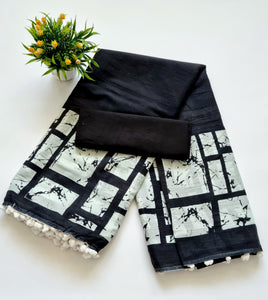 Printed Pure Cotton Mulmul Saree With PomPom Lace