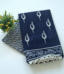 Printed Pure Cotton Mulmul Saree With PomPom Lace