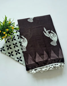 Printed Pure Cotton Mulmul Saree With PomPom Lace