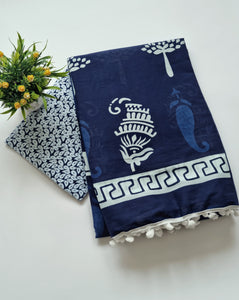 Printed Pure Cotton Mulmul Saree With PomPom Lace