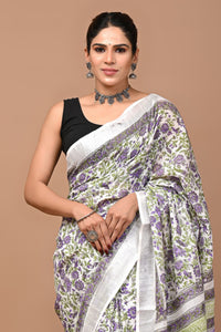 Block Printed Cotton linen Saree With Unstiched Blouse