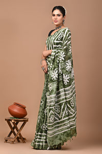 Block Printed Cotton linen Saree With Unstiched Blouse