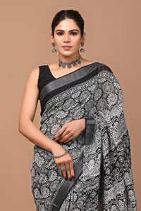 Block Printed Cotton linen Saree With Unstiched Blouse