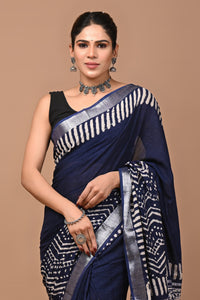 Block Printed Cotton linen Saree With Unstiched Blouse