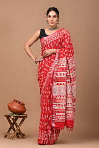 Block Printed Cotton linen Saree With Unstiched Blouse