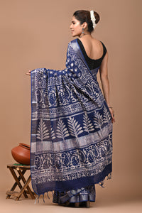 Block Printed Cotton linen Saree With Unstiched Blouse