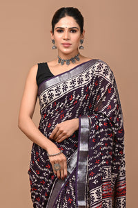 Block Printed Cotton linen Saree With Unstiched Blouse