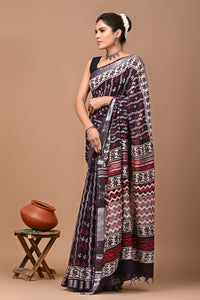 Block Printed Cotton linen Saree With Unstiched Blouse