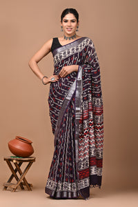 Block Printed Cotton linen Saree With Unstiched Blouse