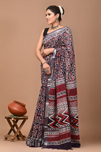 Block Printed Cotton linen Saree With Unstiched Blouse