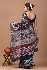 Block Printed Cotton linen Saree With Unstiched Blouse