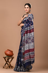 Block Printed Cotton linen Saree With Unstiched Blouse