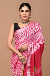 Block Printed Cotton linen Saree With Unstiched Blouse