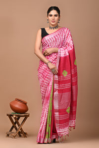 Block Printed Cotton linen Saree With Unstiched Blouse