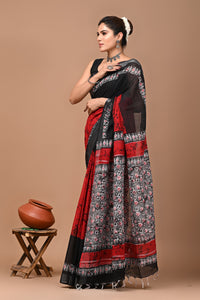 Block Printed Cotton linen Saree With Unstiched Blouse