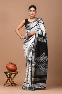 Block Printed Cotton linen Saree With Unstiched Blouse