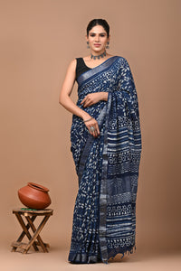 Block Printed Cotton linen Saree With Unstiched Blouse