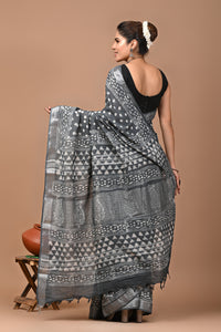 Block Printed Cotton linen Saree With Unstiched Blouse