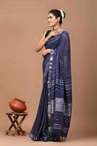 Block Printed Cotton linen Saree With Unstiched Blouse