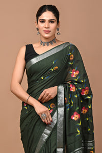 Block Printed Cotton linen Saree With Unstiched Blouse