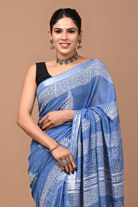 Block Printed Cotton linen Saree With Unstiched Blouse