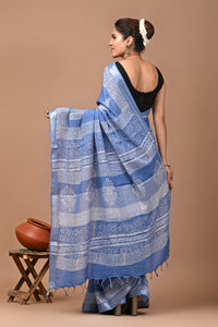 Block Printed Cotton linen Saree With Unstiched Blouse