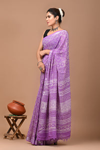 Block Printed Cotton linen Saree With Unstiched Blouse