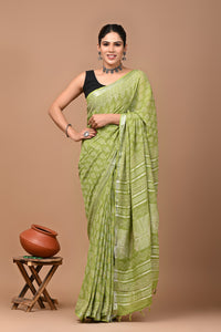 Block Printed Cotton linen Saree With Unstiched Blouse