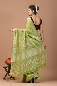 Block Printed Cotton linen Saree With Unstiched Blouse