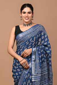 Block Printed Cotton linen Saree With Unstiched Blouse