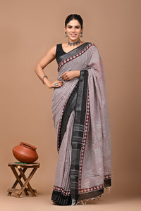 Block Printed Cotton linen Saree With Unstiched Blouse