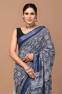 Block Printed Cotton linen Saree With Unstiched Blouse