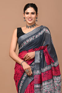 Block Printed Cotton linen Saree With Unstiched Blouse